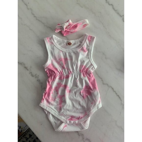 Baby Girls Tie-Dye Sleeveless Romper With Matching Headband Navy & White Size 74 - Picture 1 of 5